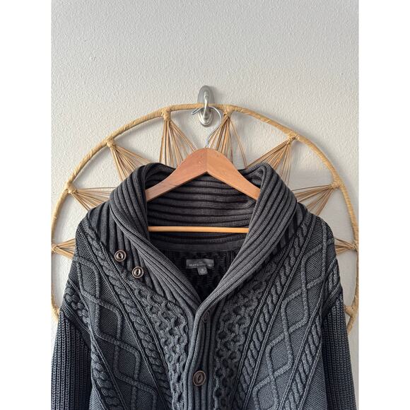 LL Bean Mens Signature Fisherman Cable Knit Sweater Cardigan Charcoal Gray MED - Picture 6 of 16